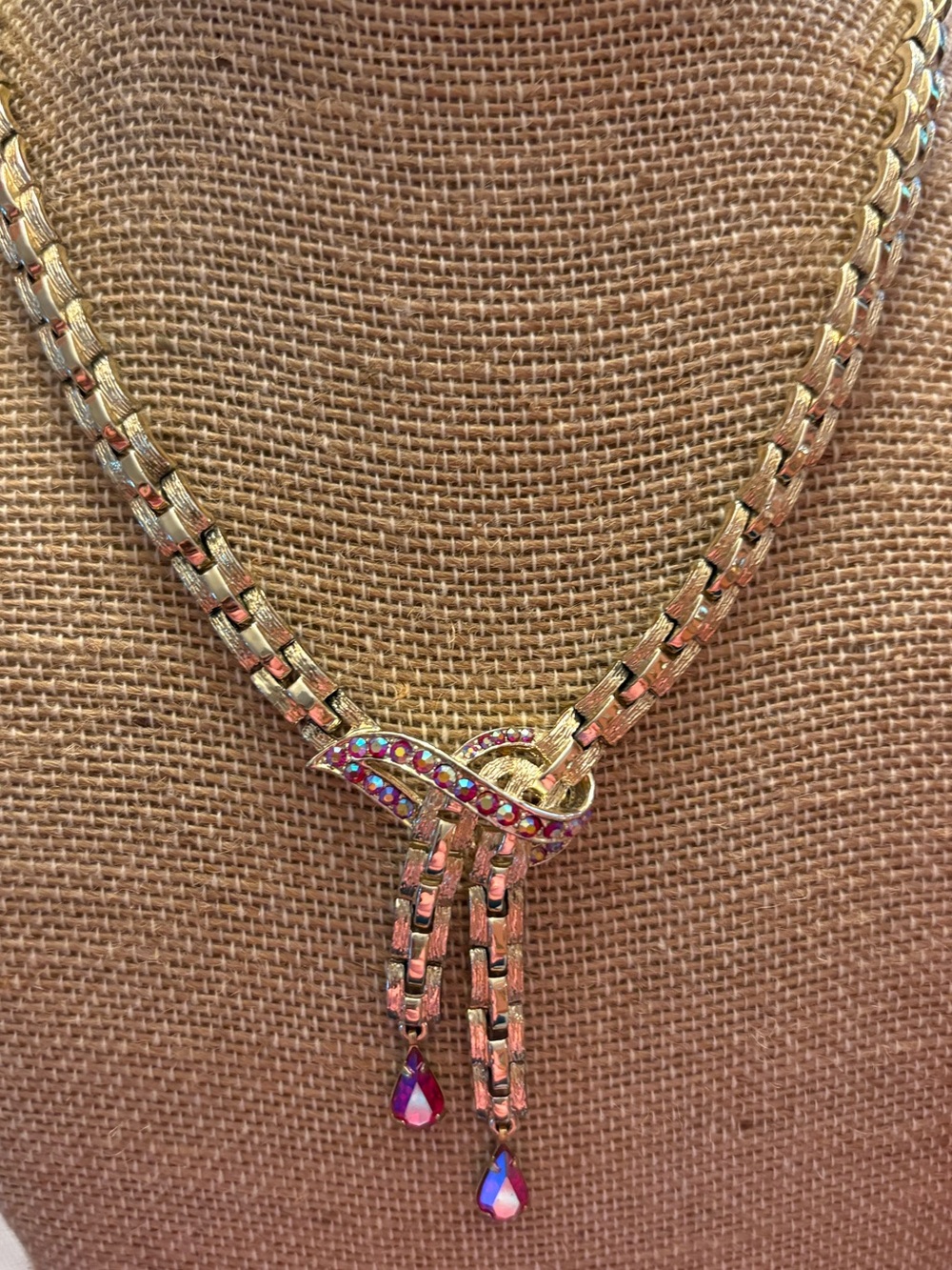 Coro Vintage Adjustable Gold-Tone Knot Necklace with Pink Aurora Crystal Drops